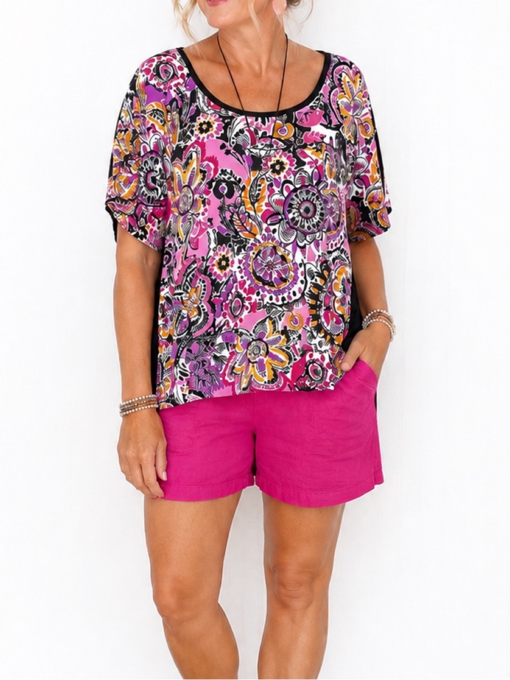 Forever Jade, Vibrant floral-print women’s top featuring a colorful mix